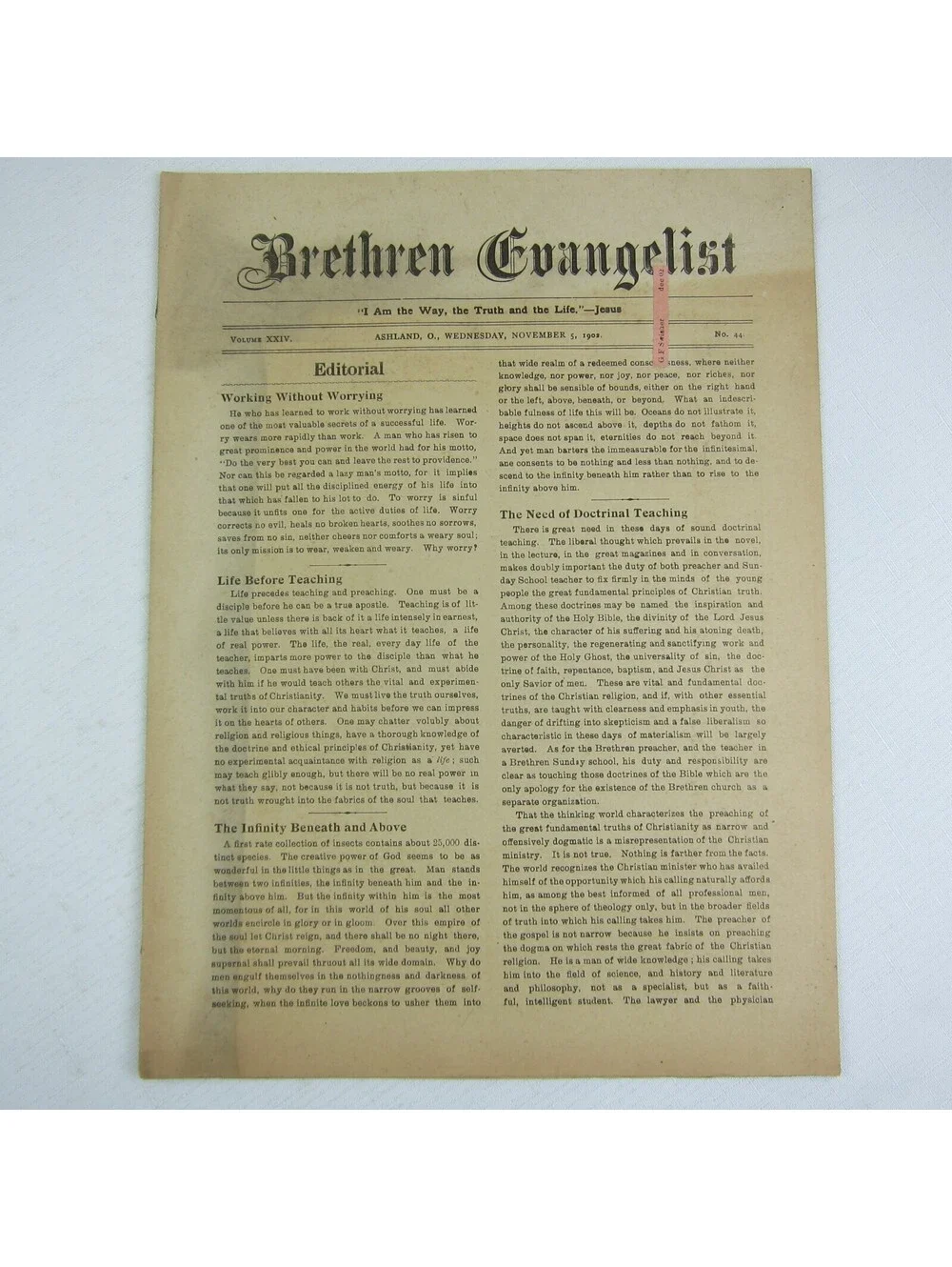 Brethren Evangelist Christian Newspaper Ashland Ohio Antique November 5th 1902